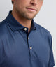 Navy textured print polo with stand collar and two-button placket