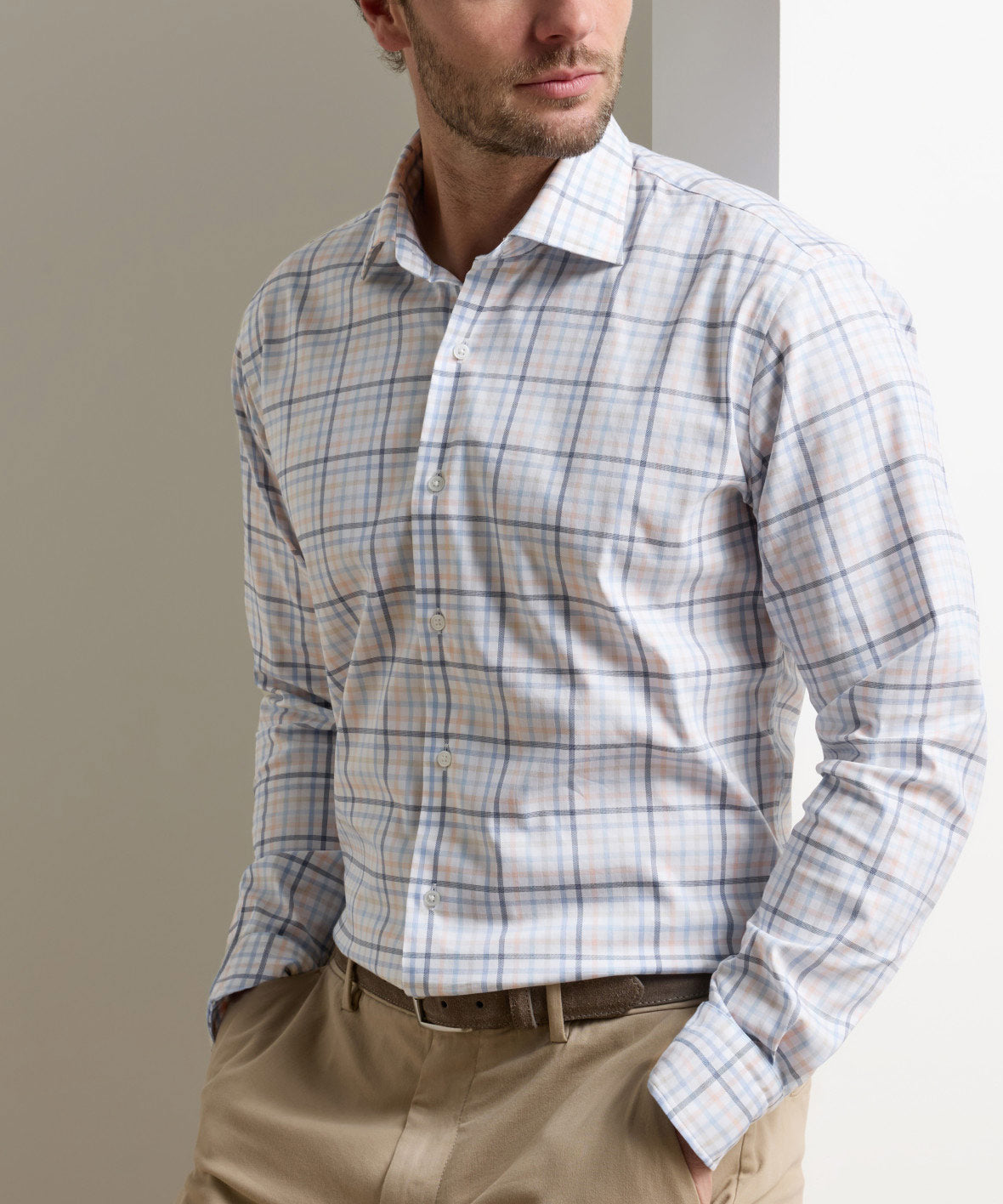 Peter Millar Long Sleeve Spread Collar Warren Crown Lite Sport Shirt, Men's Big & Tall