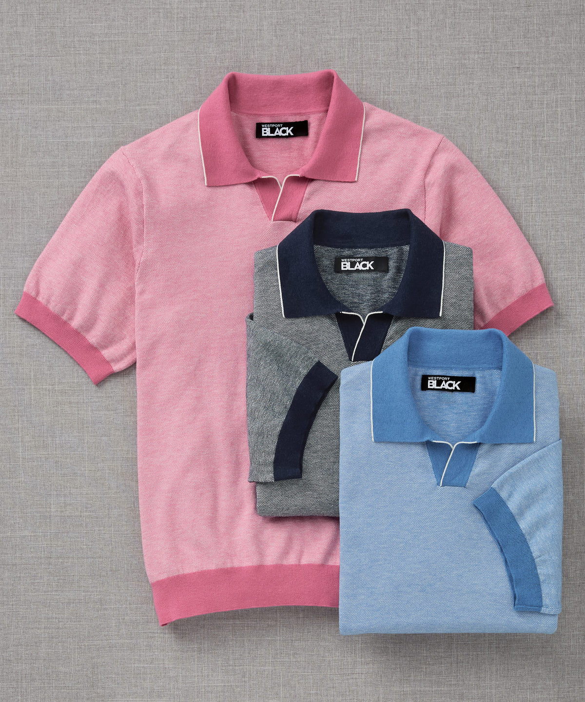 Westport Black Short Sleeve Crooner Birdseye Johnny Collar Polo, Men's Big & Tall