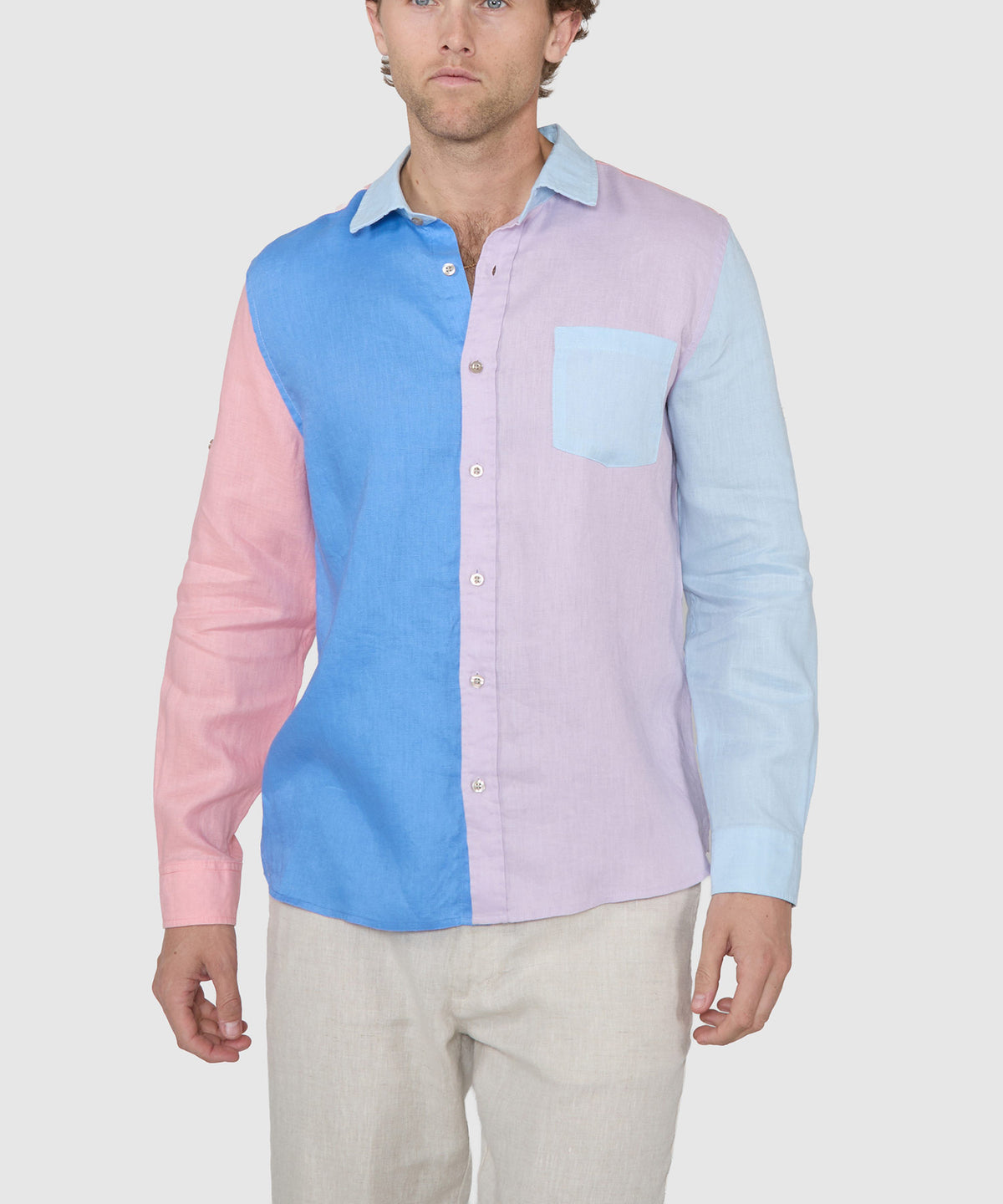 Westport Black Big & Tall Southport Long Sleeve Color Block Linen Shirt