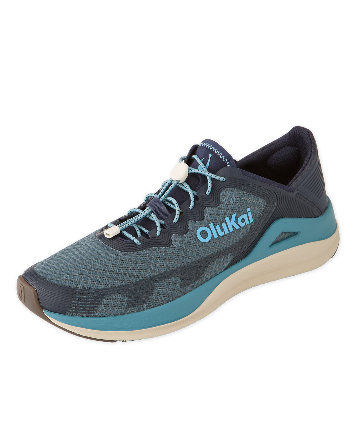 Ahi sneaker with blue knit upper, teal laces, black accents, beige midsole - Storm, OluKai Men's Big & Tall