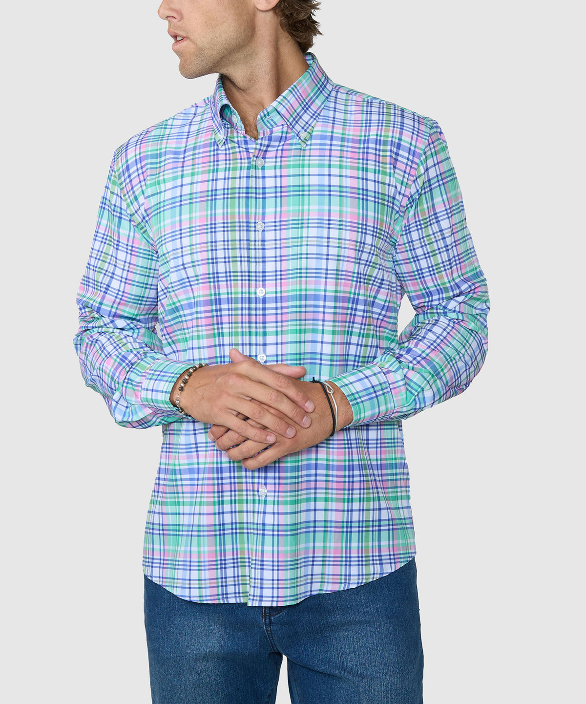 Westport No-Tuck Long Sleeve Button-Down Stretch Performance Plaid Sport Shirt, Men's Big & Tall