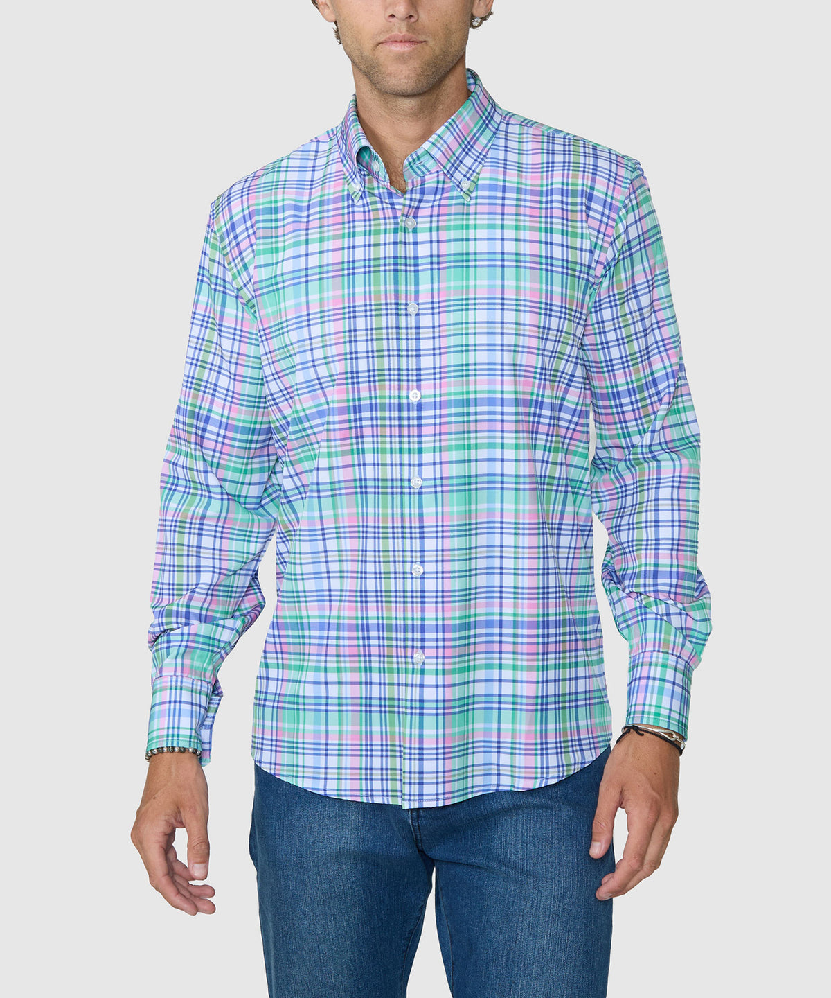 Westport No-Tuck Long Sleeve Button-Down Stretch Performance Plaid Sport Shirt, Men's Big & Tall