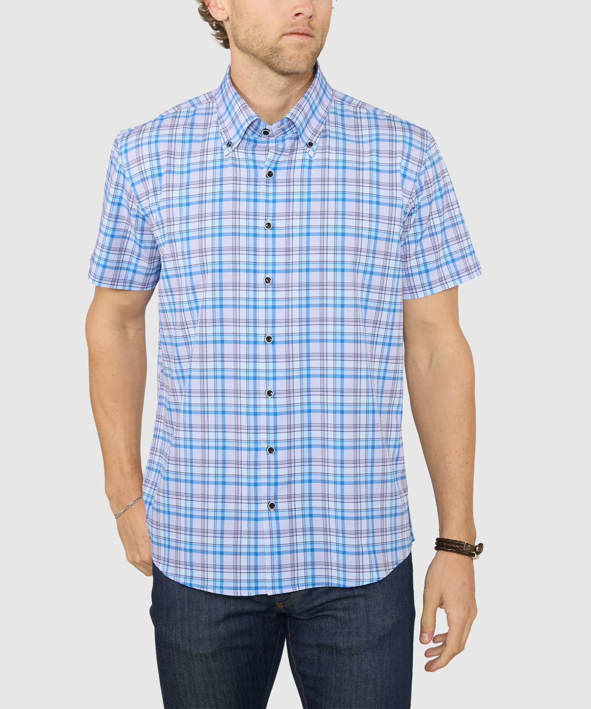 Westport No-Tuck Short Sleeve Button-Down Stretch Performance Plaid Sport Shirt, Men's Big & Tall