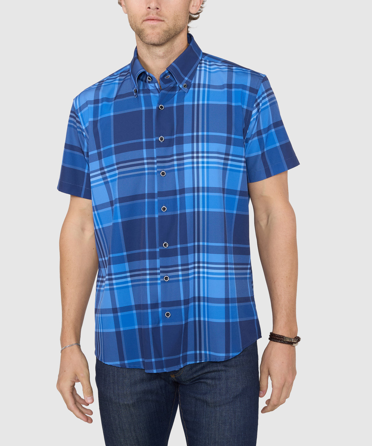 Westport No-Tuck Short Sleeve Button-Down Collar Stretch Performance Big Plaid Sport Shirt, Men's Big & Tall