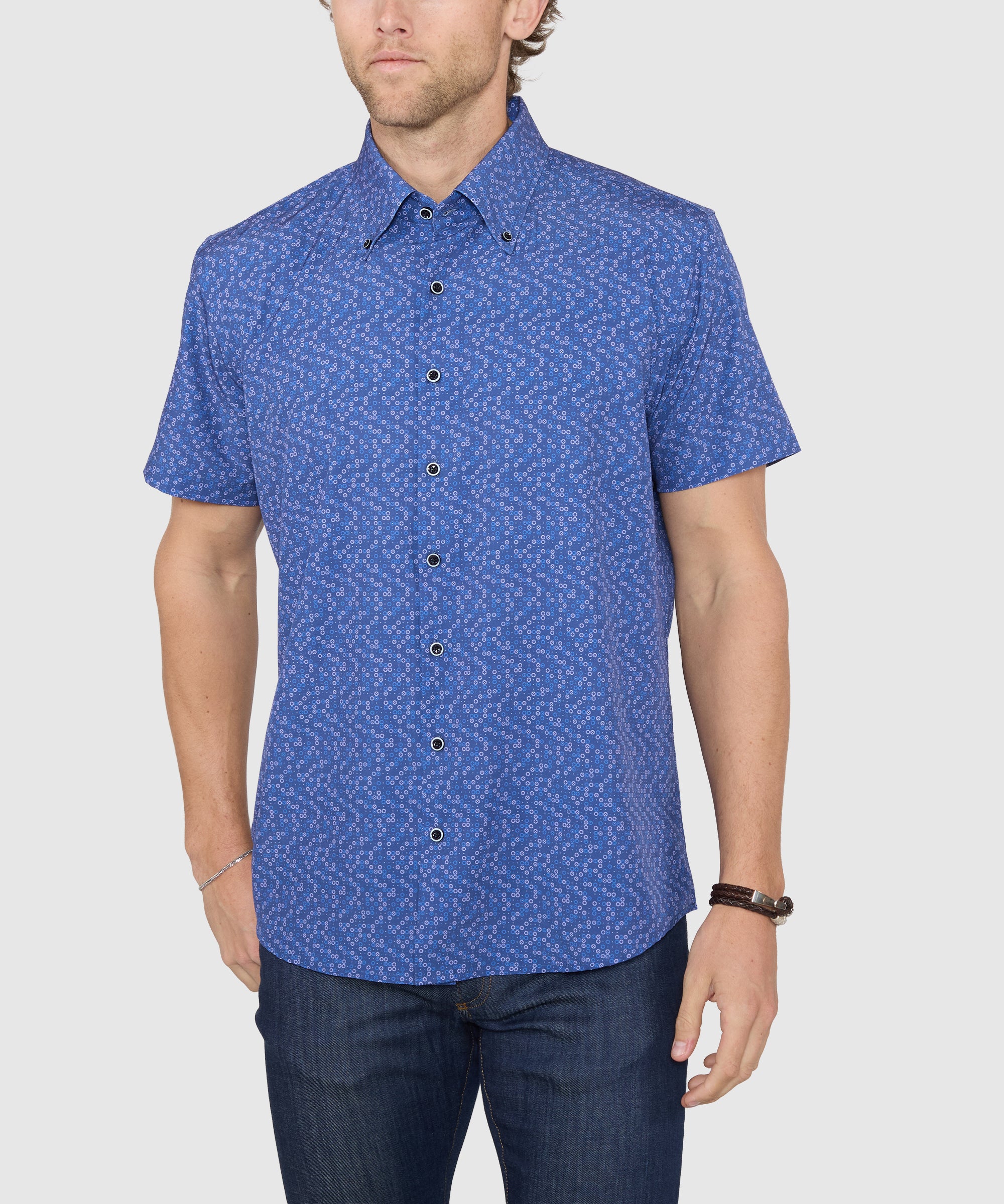 Men's Big & Tall Westport No-Tuck Short Sleeve Button-Down Collar Stretch Performance Medallion Print Sport Shirt Cobalt / 3XMT Men's Big & Tall Westport No-Tuck Short Sleeve Button-Down Collar Stretch Performance Medallion Print Sport Shirt Cobalt / 3XMT