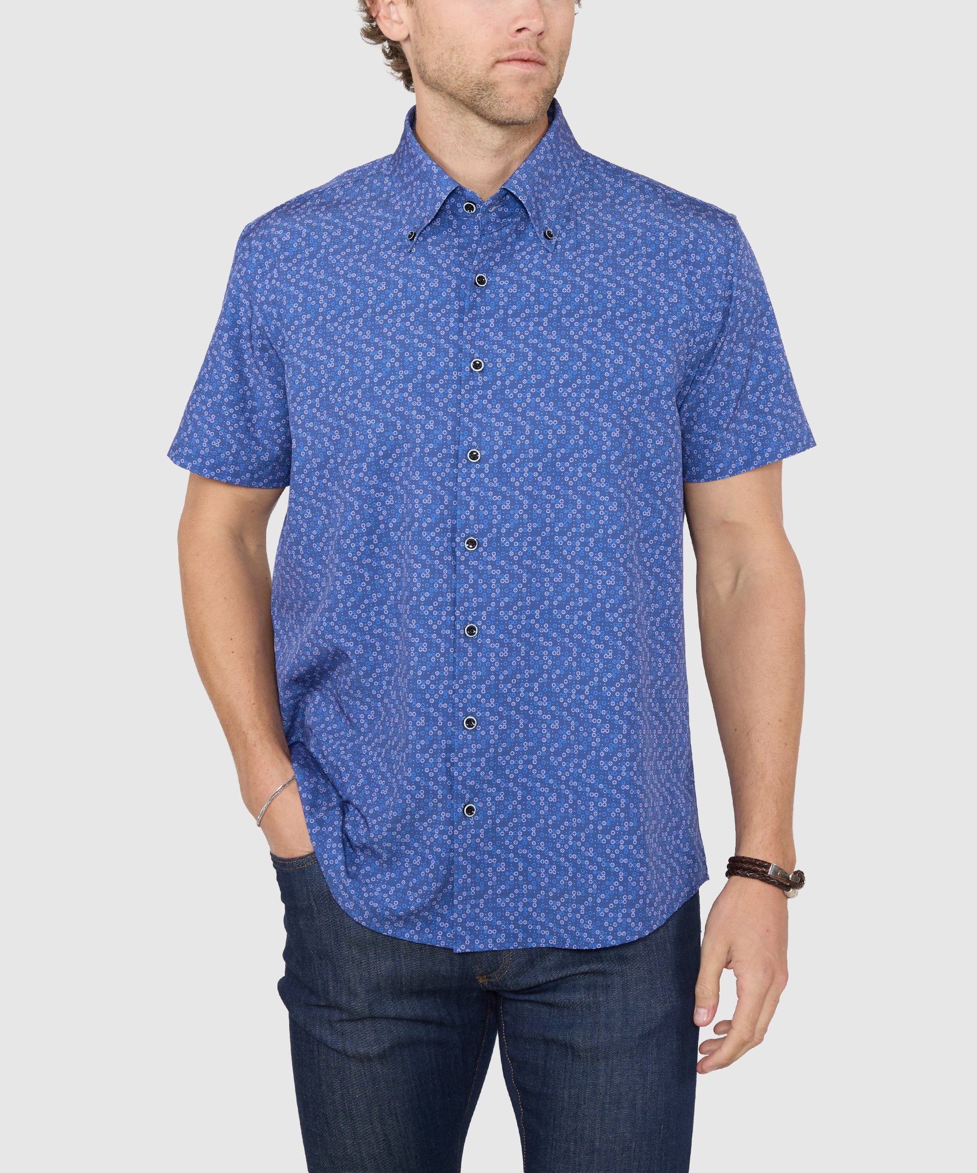Men's Big & Tall Westport No-Tuck Short Sleeve Button-Down Collar Stretch Performance Medallion Print Sport Shirt Cobalt / 3XMT Men's Big & Tall Westport No-Tuck Short Sleeve Button-Down Collar Stretch Performance Medallion Print Sport Shirt Cobalt / 3XMT