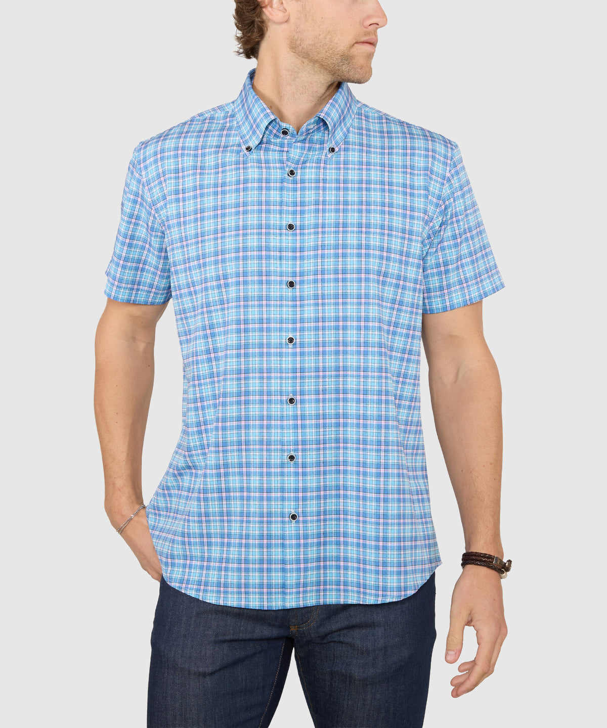 Westport No-Tuck Short Sleeve Button-Down Collar Stretch Performance Plaid Sport Shirt, Men's Big & Tall