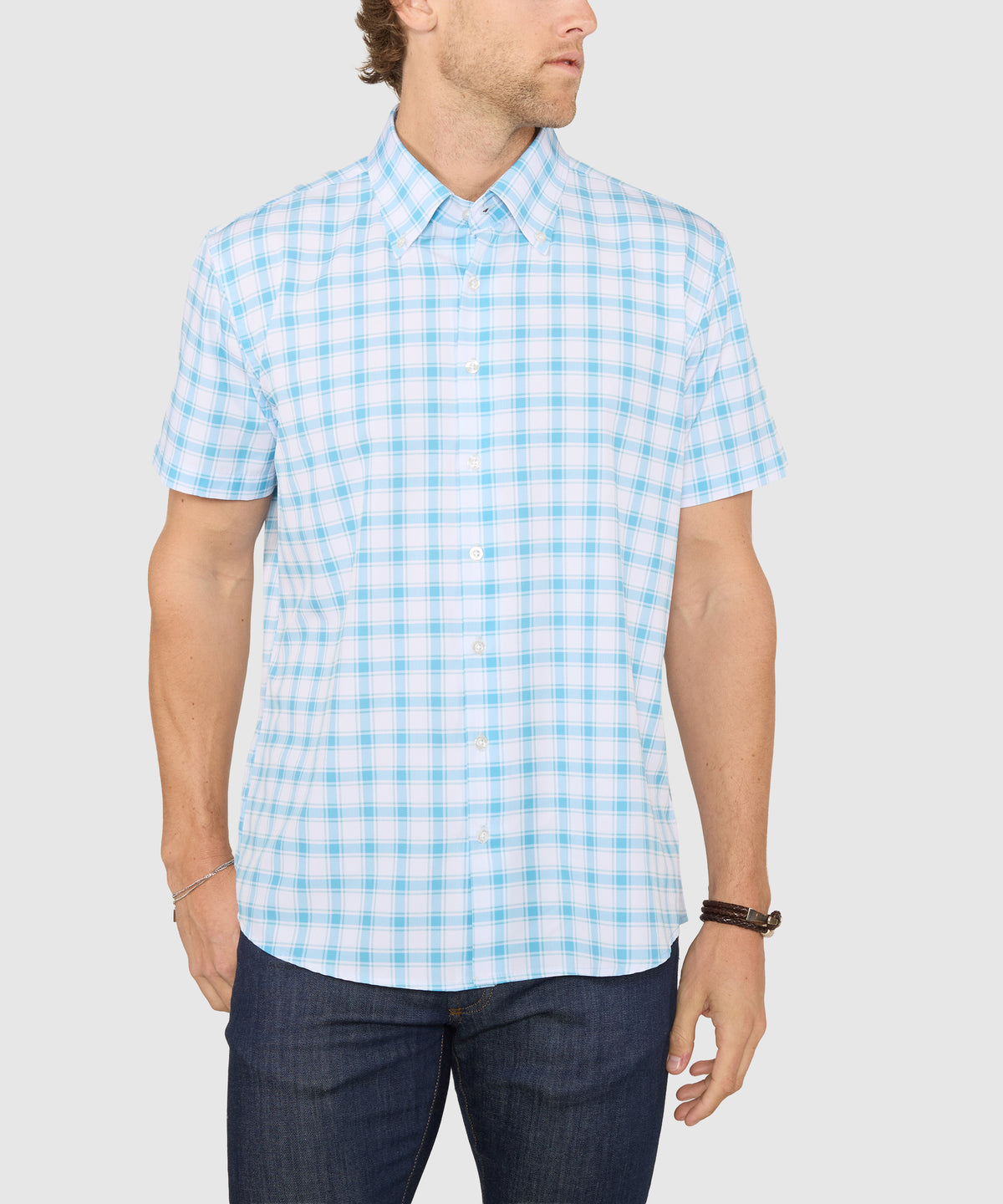 Men's Big & Tall Westport No-Tuck Short Sleeve Button-Down Collar Stretch Performance Plaid Sport Shirt Blue/White / LT