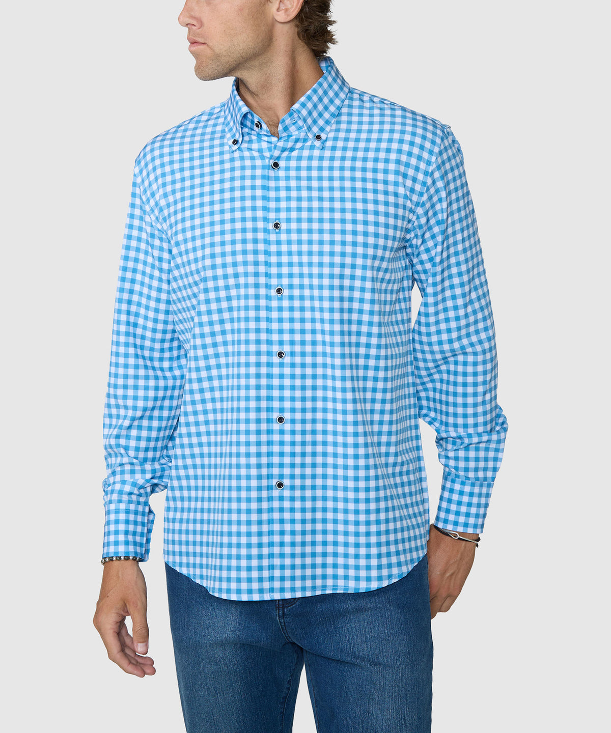 Westport No-Tuck Long Sleeve Button-Down Collar Stretch Performance Gingham Sport Shirt - Blue, Men's Big & Tall