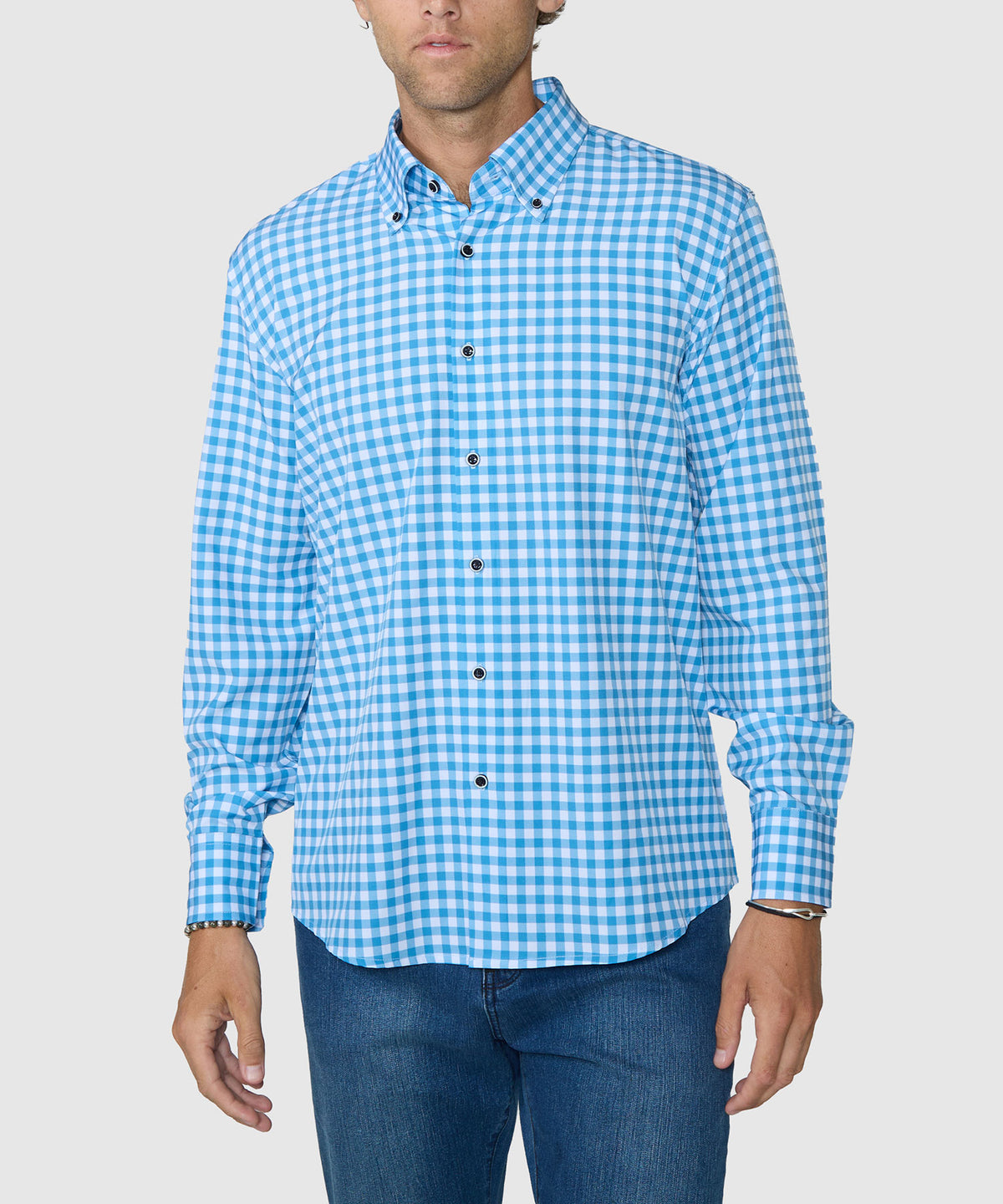 Westport No-Tuck Long Sleeve Button-Down Collar Stretch Performance Gingham Sport Shirt - Blue, Men's Big & Tall