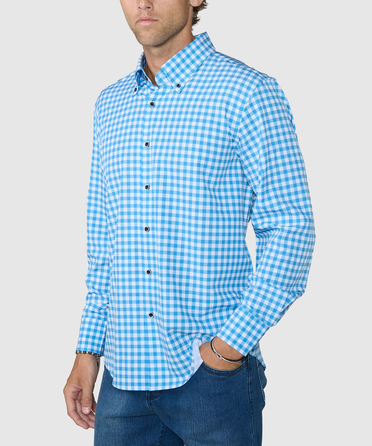 Westport No-Tuck Long Sleeve Button-Down Collar Stretch Performance Gingham Sport Shirt - Blue, Men's Big & Tall