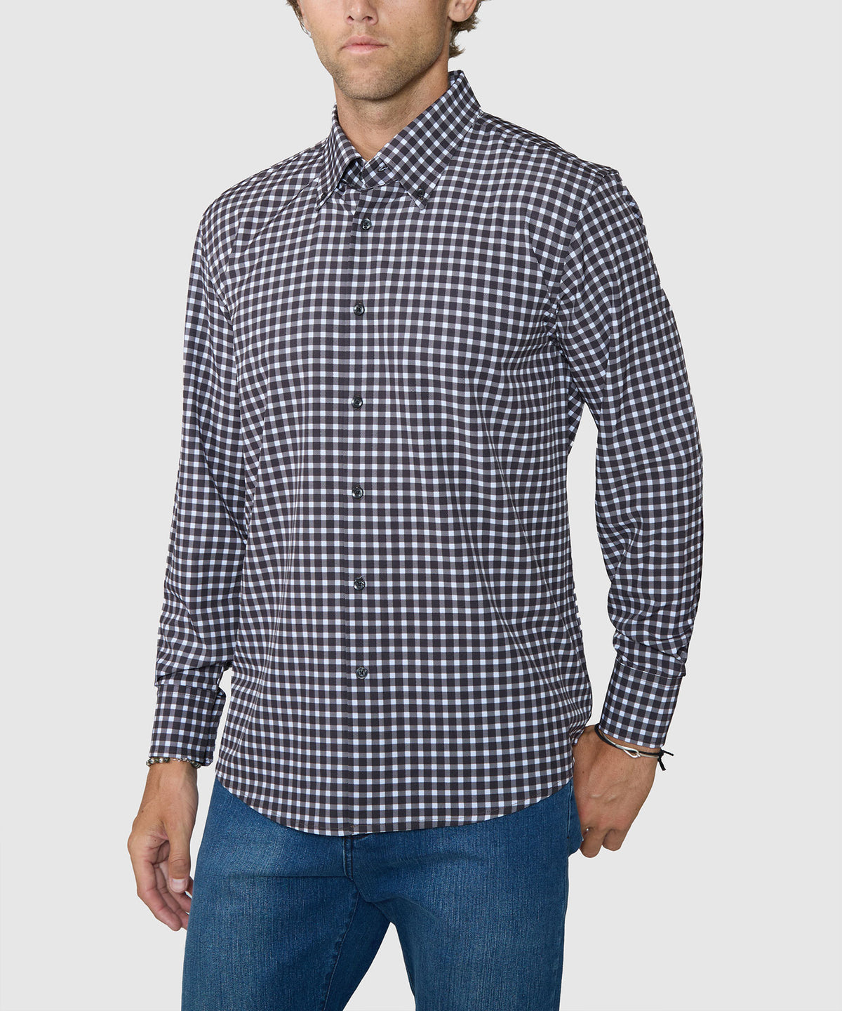 Westport No-Tuck Long Sleeve Button-Down Collar Stretch Performance Gingham Sport Shirt - Black, Men's Big & Tall