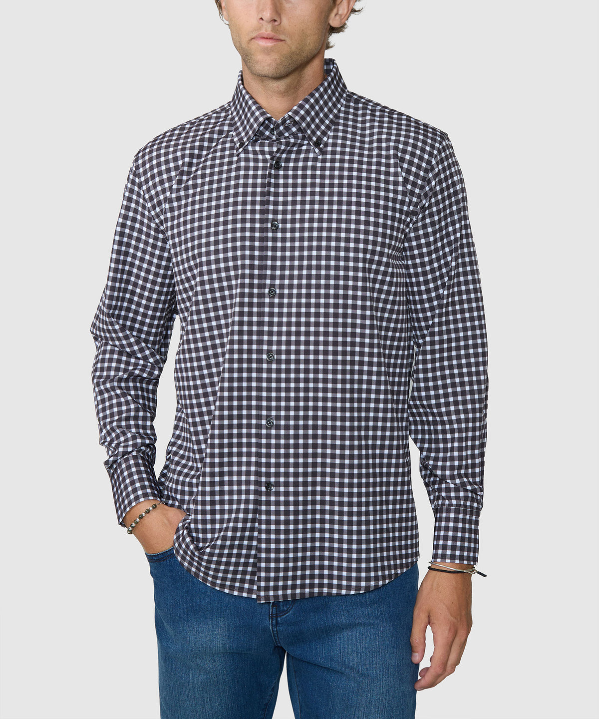 Westport No-Tuck Long Sleeve Button-Down Collar Stretch Performance Gingham Sport Shirt - Black, Men's Big & Tall