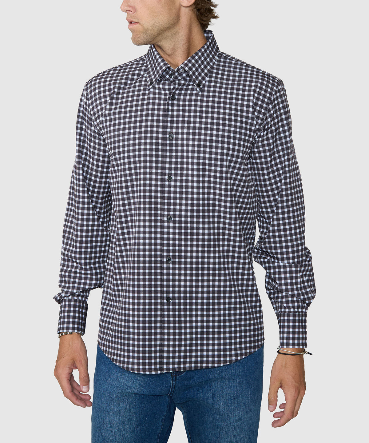 Westport No-Tuck Long Sleeve Button-Down Collar Stretch Performance Gingham Sport Shirt - Black, Men's Big & Tall