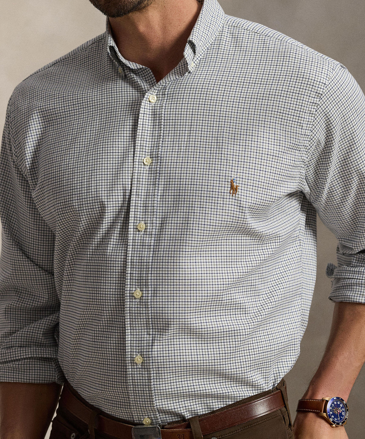 Polo Ralph Lauren Long Sleeve Performance Oxford Sport Shirt - White/Olive Multi, Men's Big & Tall
