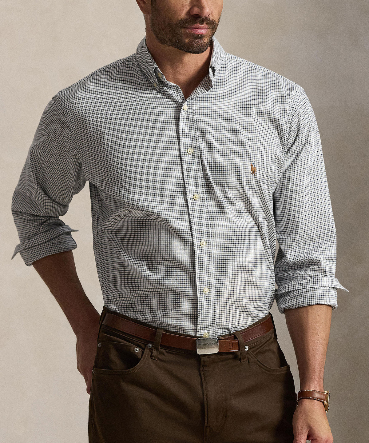 Polo Ralph Lauren Long Sleeve Performance Oxford Sport Shirt - White/Olive Multi, Men's Big & Tall