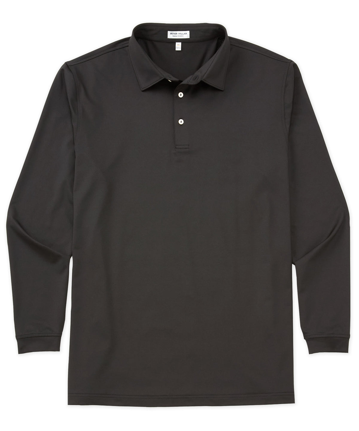 Black long-sleeve performance polo with button placket and ribbed collar, Peter Millar Men's Big & Tall