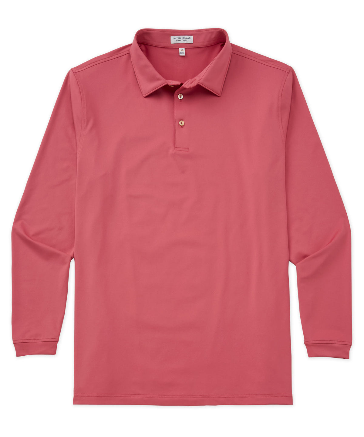 Red coral long-sleeve performance polo with button placket and collar, Peter Millar Men's Big & Tall