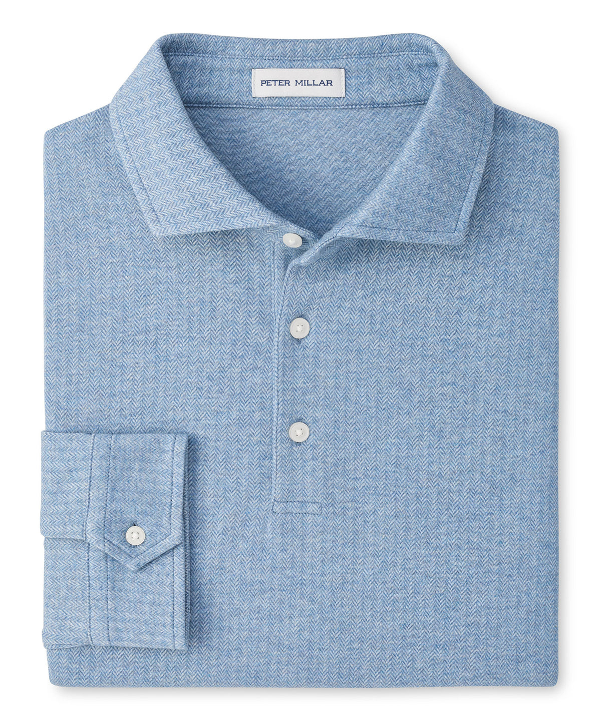 Peter Millar Long Sleeve Herringbone Polo - Cottage Blue, Men's Big & Tall