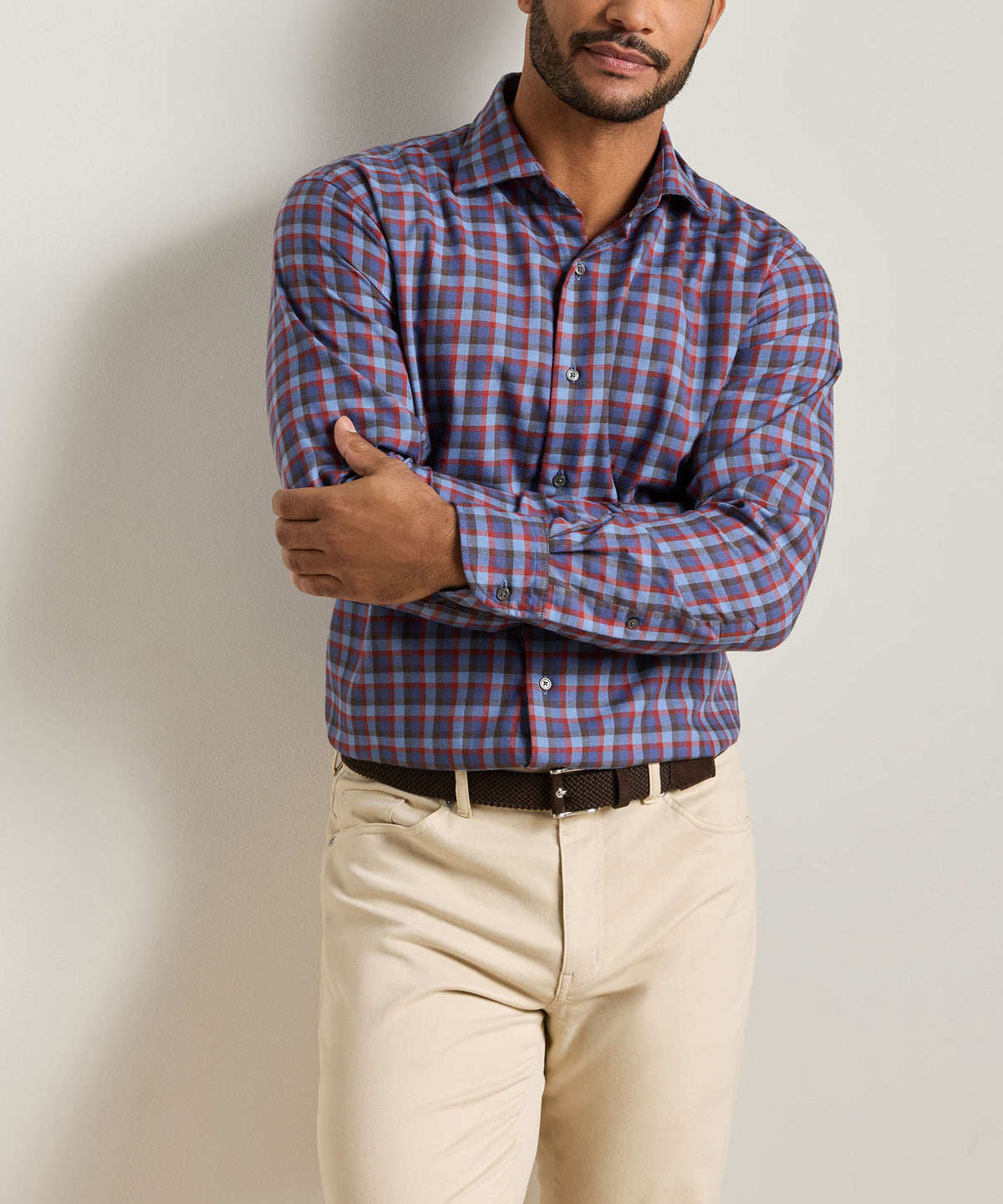 Men's blue plaid performance flannel button-up shirt on model, long sleeves, Peter Millar Men's Big & Tall