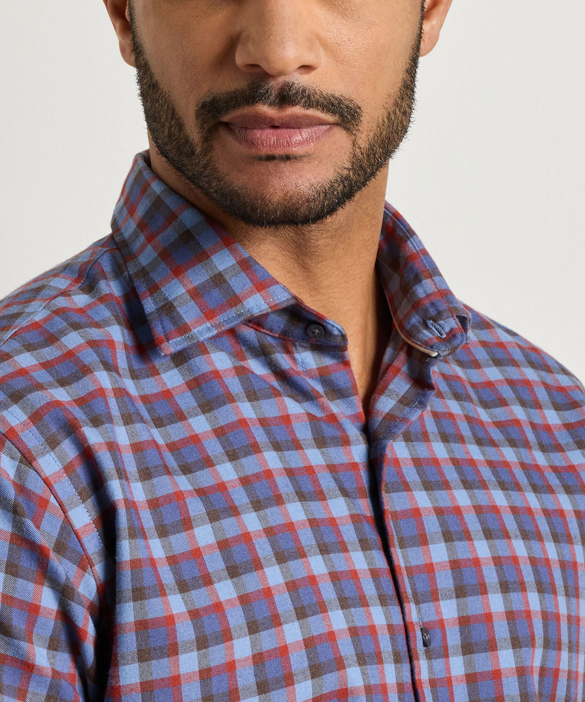 Blue plaid performance flannel shirt close-up of button placket and collar, Peter Millar Men's Big & Tall