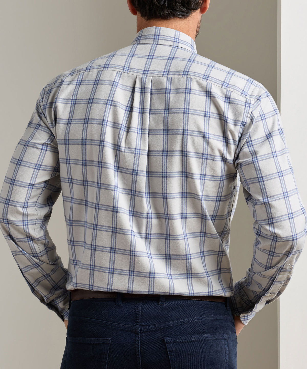 Men's back view performance flannel shirt, light grey with blue plaid, long sleeves., Peter Millar Men's Big & Tall