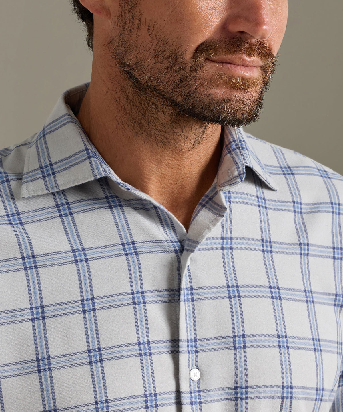 Men's performance flannel shirt collar in light grey with blue plaid, buttoned placket., Peter Millar Men's Big & Tall