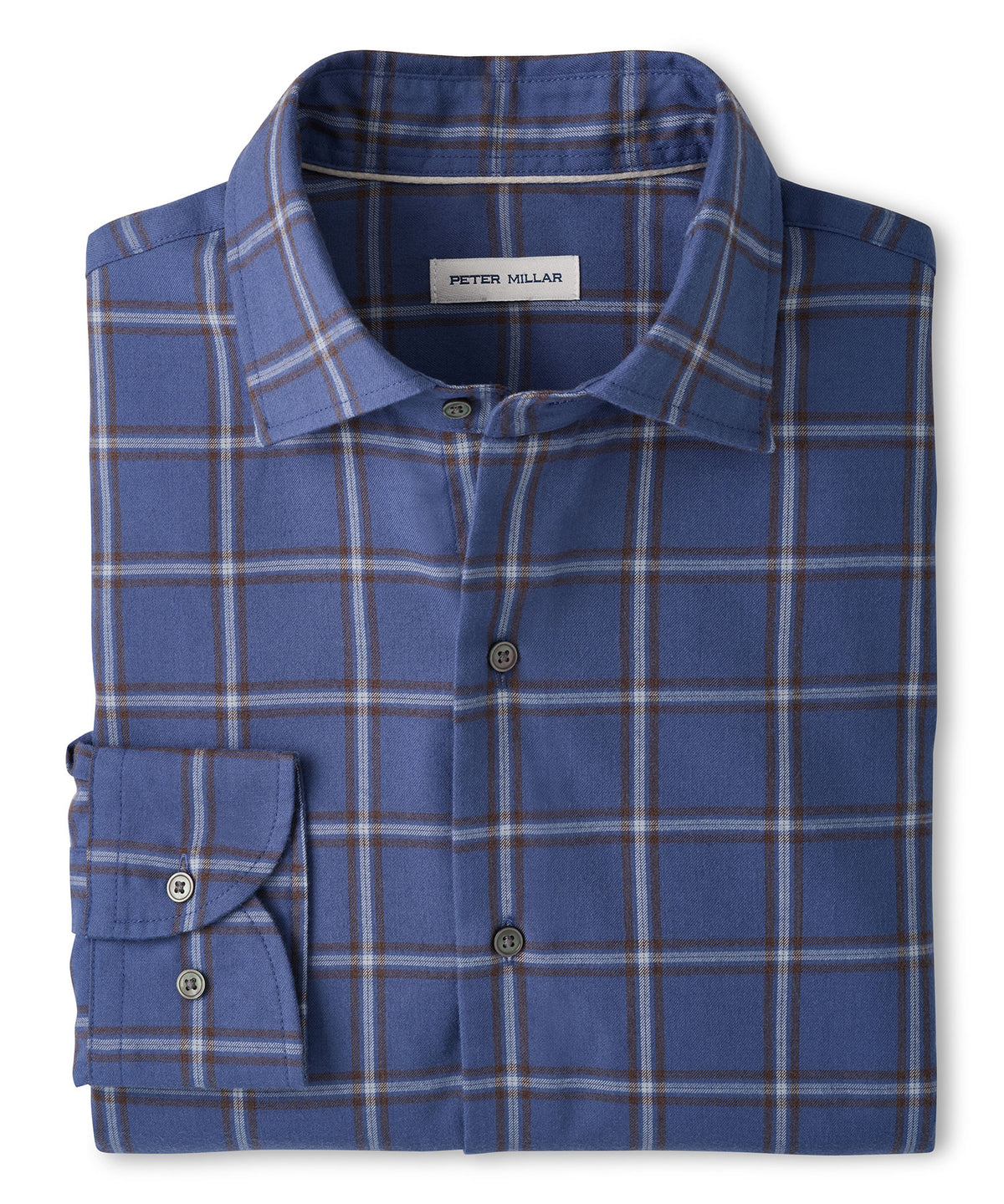Men's performance flannel shirt, navy with blue plaid, button-front and chest patch pocket. - Crown Blue, Peter Millar Men's Big & Tall