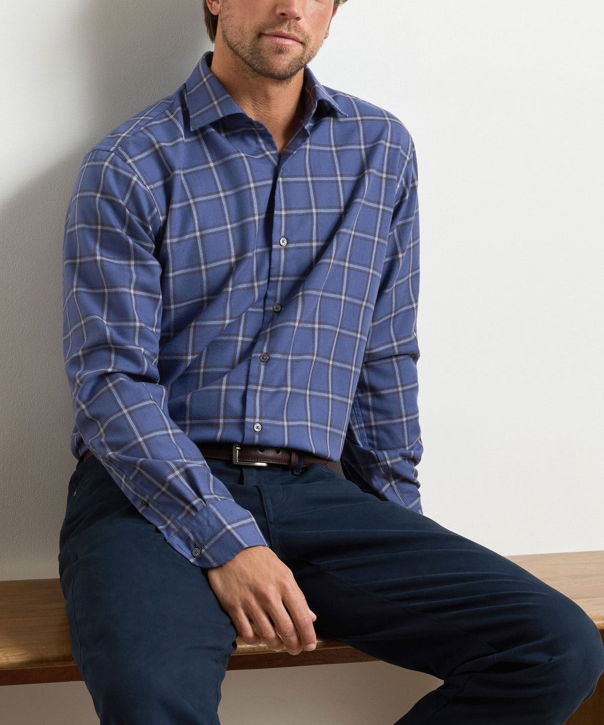 Men's long-sleeve performance flannel shirt in navy-blue plaid, button-front., Peter Millar Men's Big & Tall