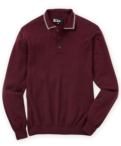 Westport Black Long Sleeve Retro Tipped Merino Polo, Men's Big & Tall