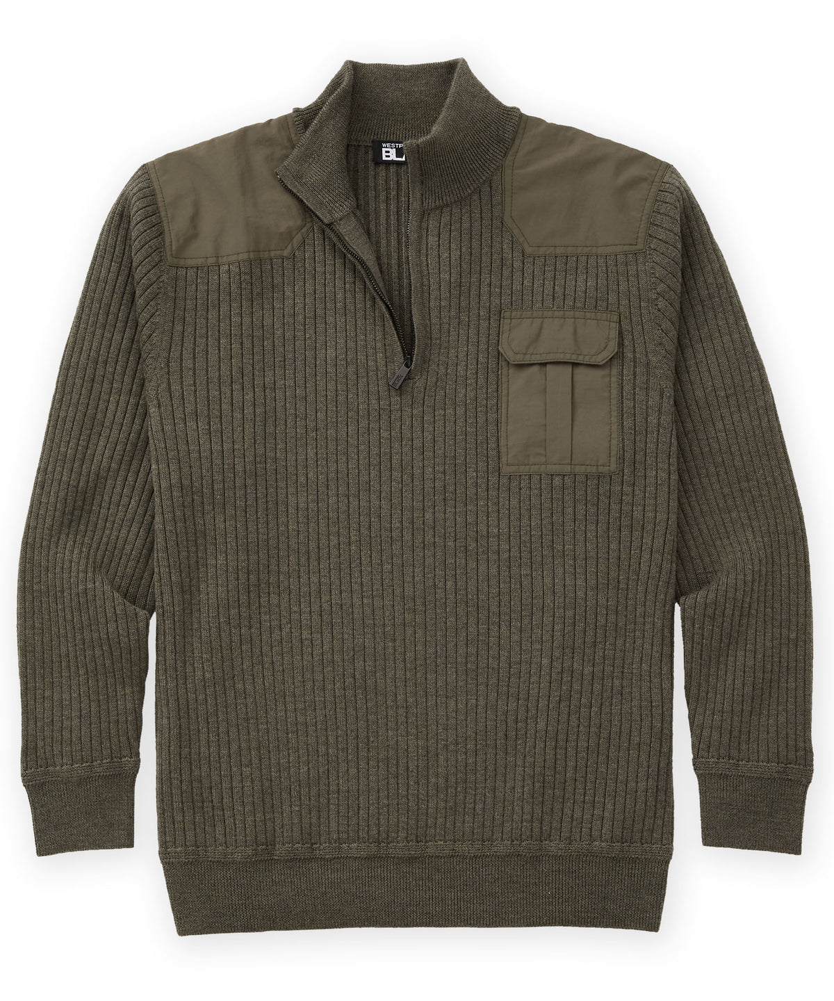 Westport Black Ribbed Military Half-Zip Pullover - Moss, Men's Big & Tall