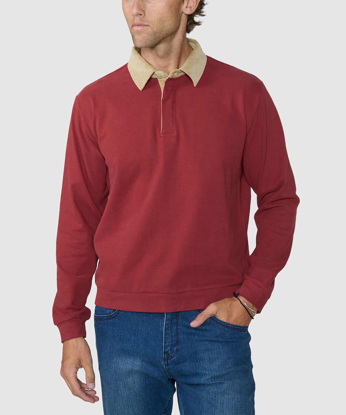 Westport Lifestyle Long Sleeve Bellamy Corduroy Collar Rugby Shirt - Burgundy, Men's Big & Tall