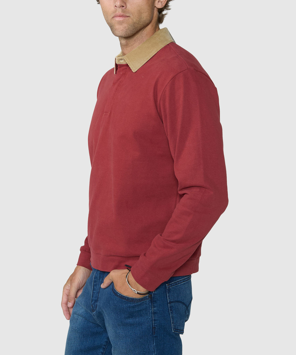 Westport Lifestyle Long Sleeve Bellamy Corduroy Collar Rugby Shirt - Burgundy, Men's Big & Tall