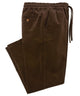 Chocolate corduroy pants with elastic waist and drawstring tie, front button detail