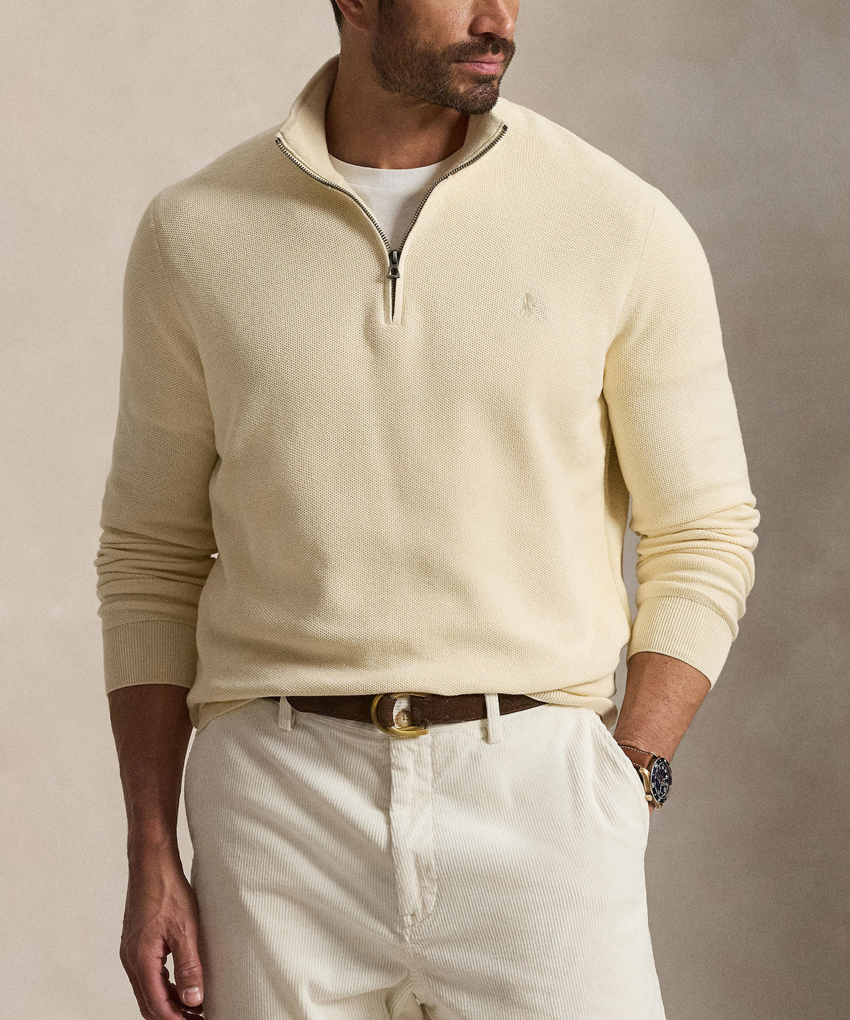 Polo Ralph Lauren Long Sleeve Textured Cotton Half-Zip Sweater - Andover Cream, Men's Big & Tall