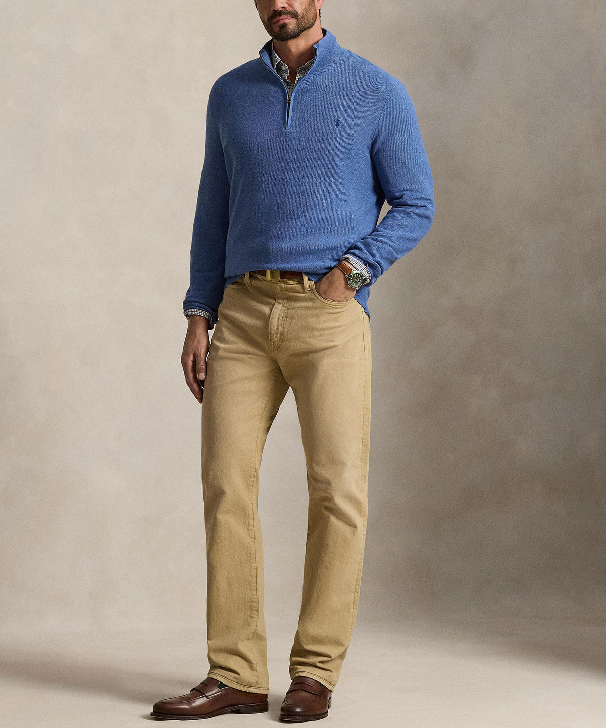 Polo Ralph Lauren Long Sleeve Textured Cotton Half-Zip Sweater - Blue Borage Heather, Men's Big & Tall