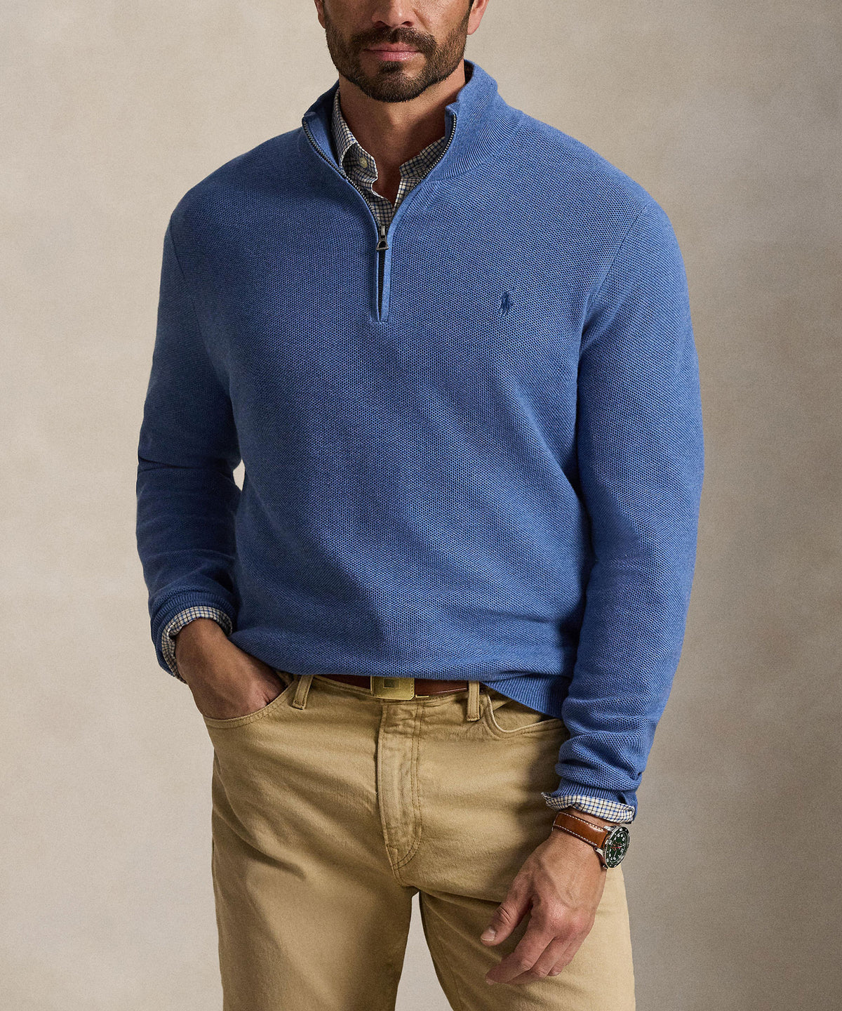 Polo Ralph Lauren Long Sleeve Textured Cotton Half-Zip Sweater - Blue Borage Heather, Men's Big & Tall