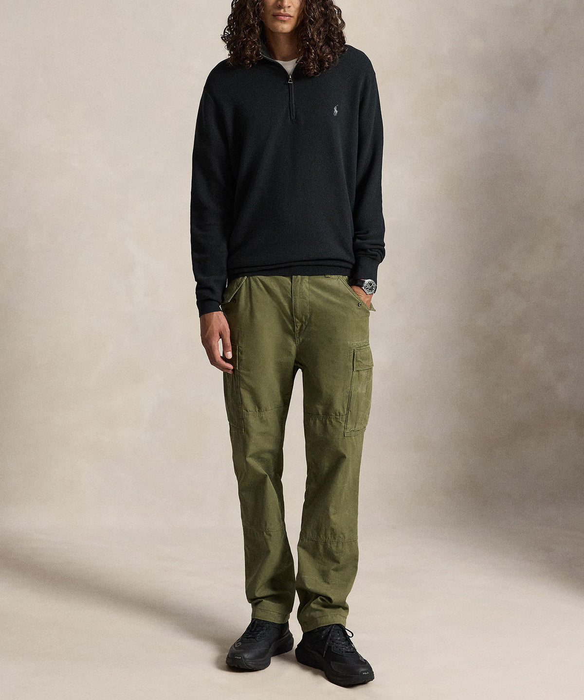 Polo Ralph Lauren Long Sleeve Textured Cotton Half-Zip Sweater - Black, Men's Big & Tall