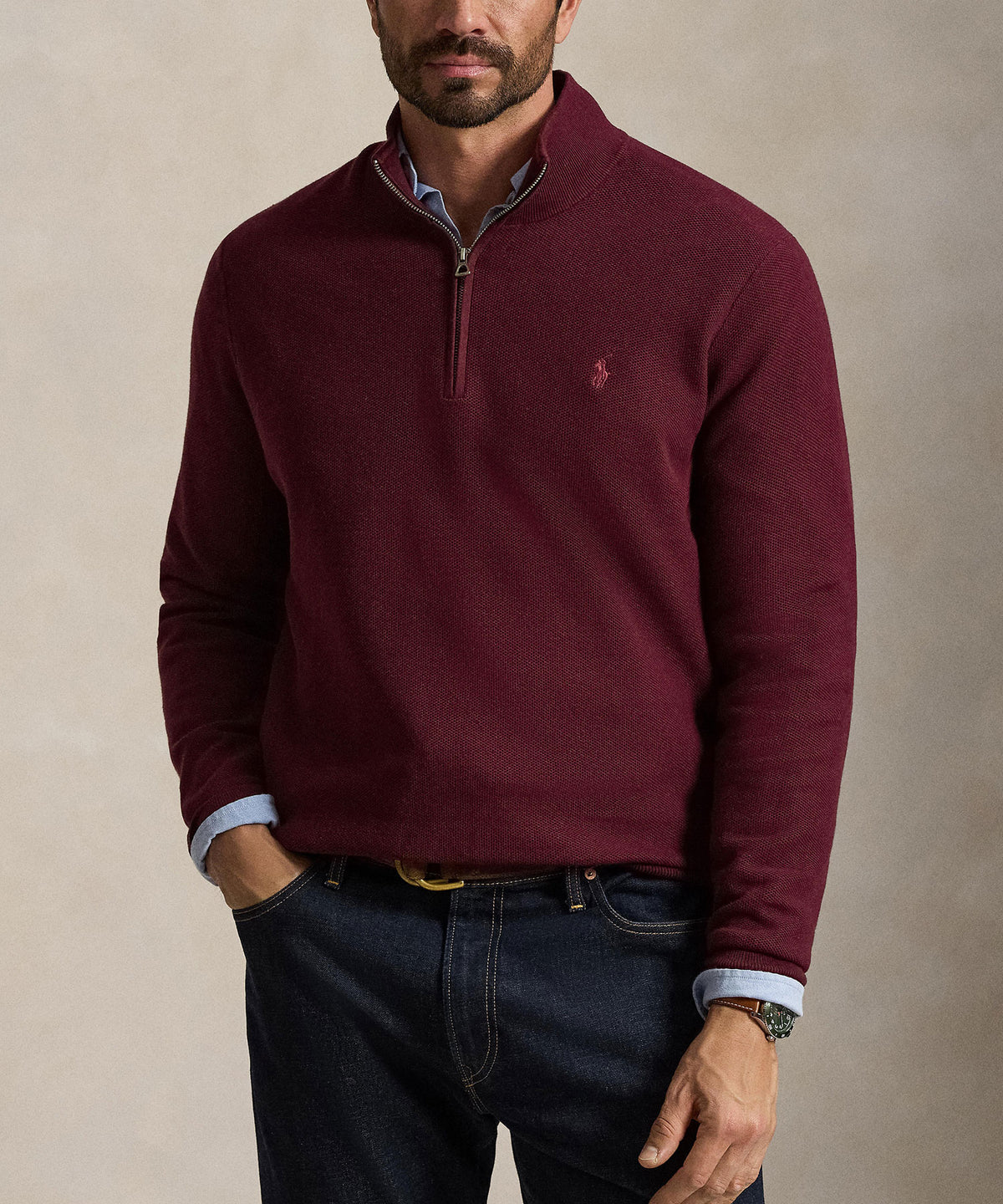 Polo Ralph Lauren Long Sleeve Textured Cotton Half-Zip Sweater - Merlot Wine Heather, Men's Big & Tall