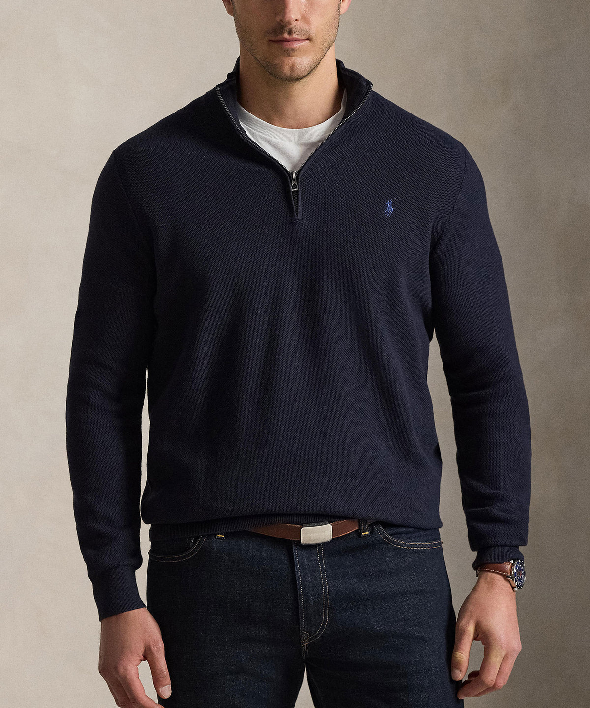 Polo Ralph Lauren Long Sleeve Textured Cotton Half-Zip Sweater - Navy Heather, Men's Big & Tall