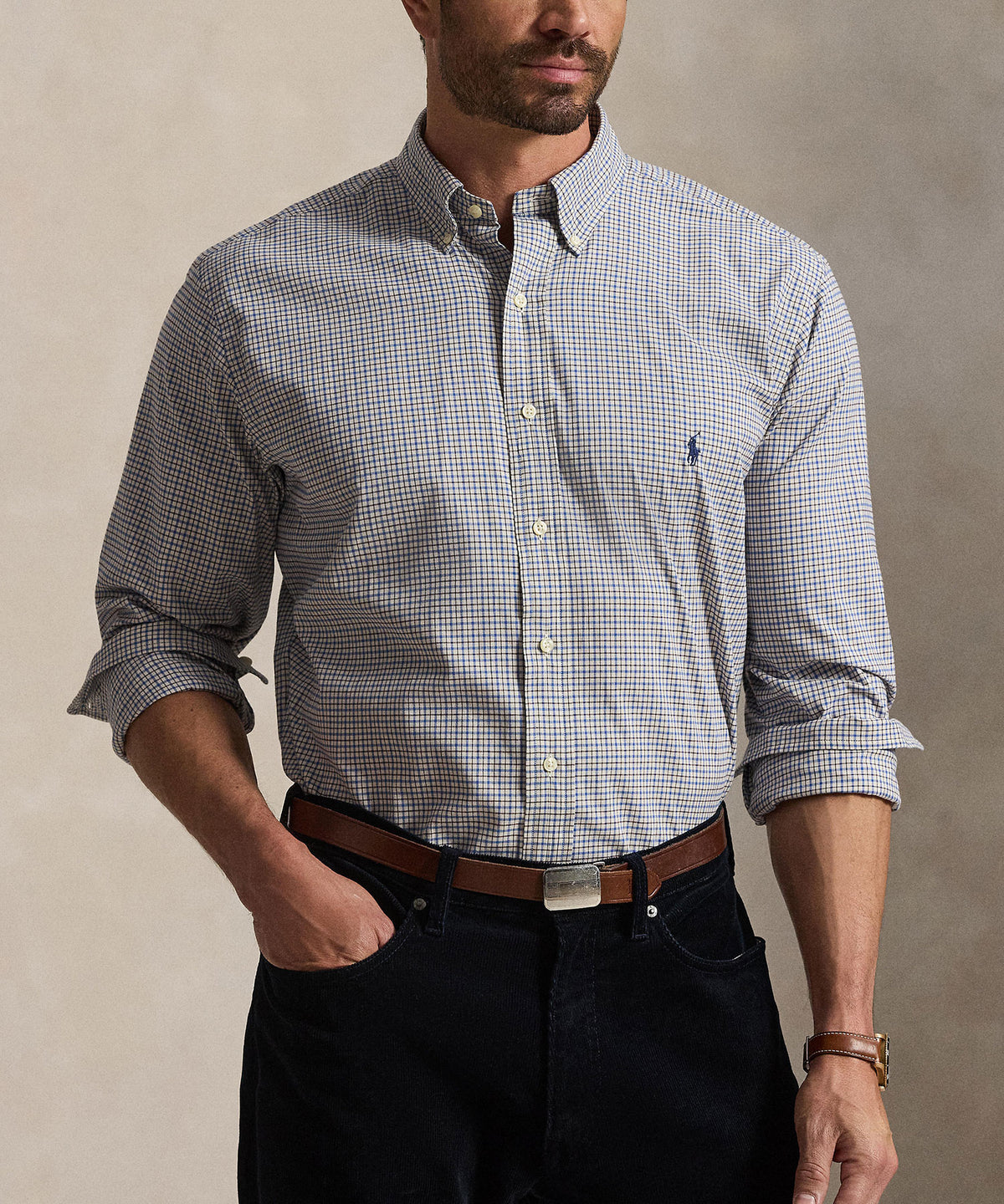 Polo Ralph Lauren Long Sleeve Brushed Twill Sport Shirt - White/Blue Multi, Men's Big & Tall