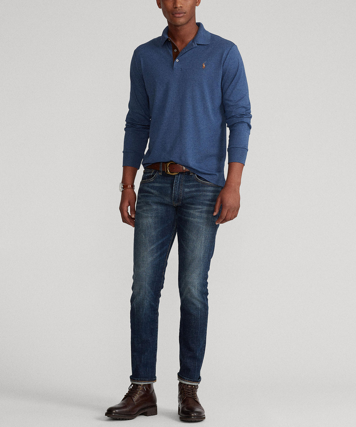 Polo Ralph Lauren Long Sleeve Soft Touch Cotton Polo - Derby Blue, Men's Big & Tall