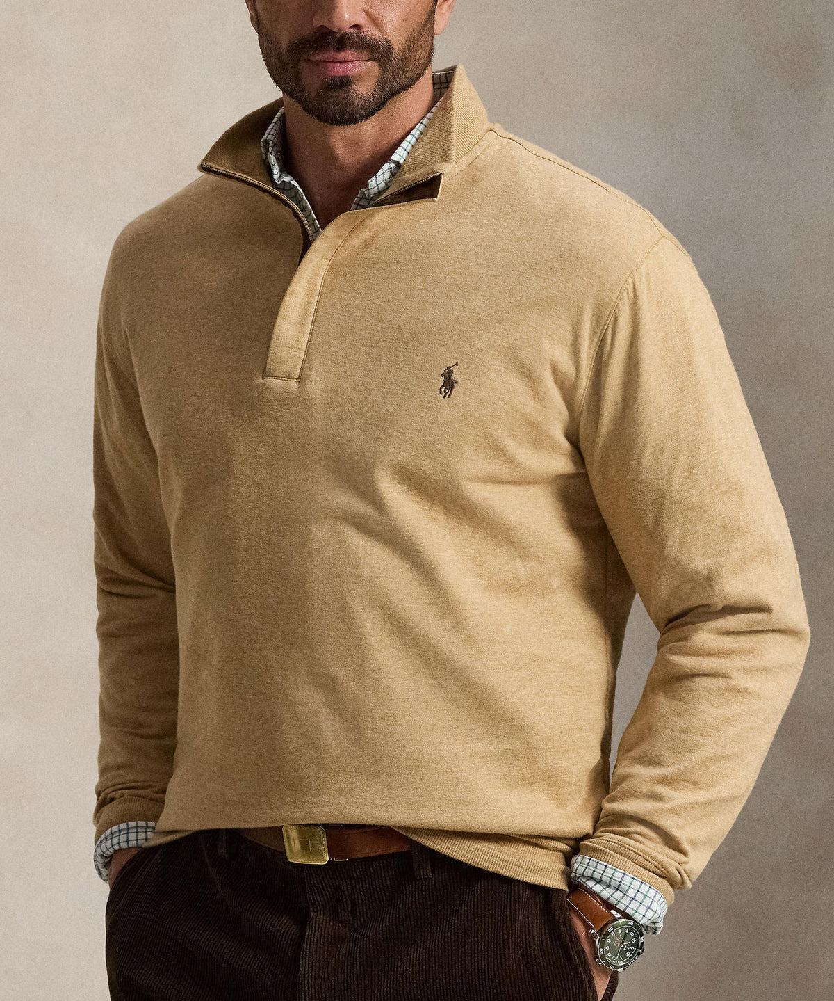 Polo Ralph Lauren Long Sleeve Luxury Half-Zip Pullover - Camel, Men's Big & Tall