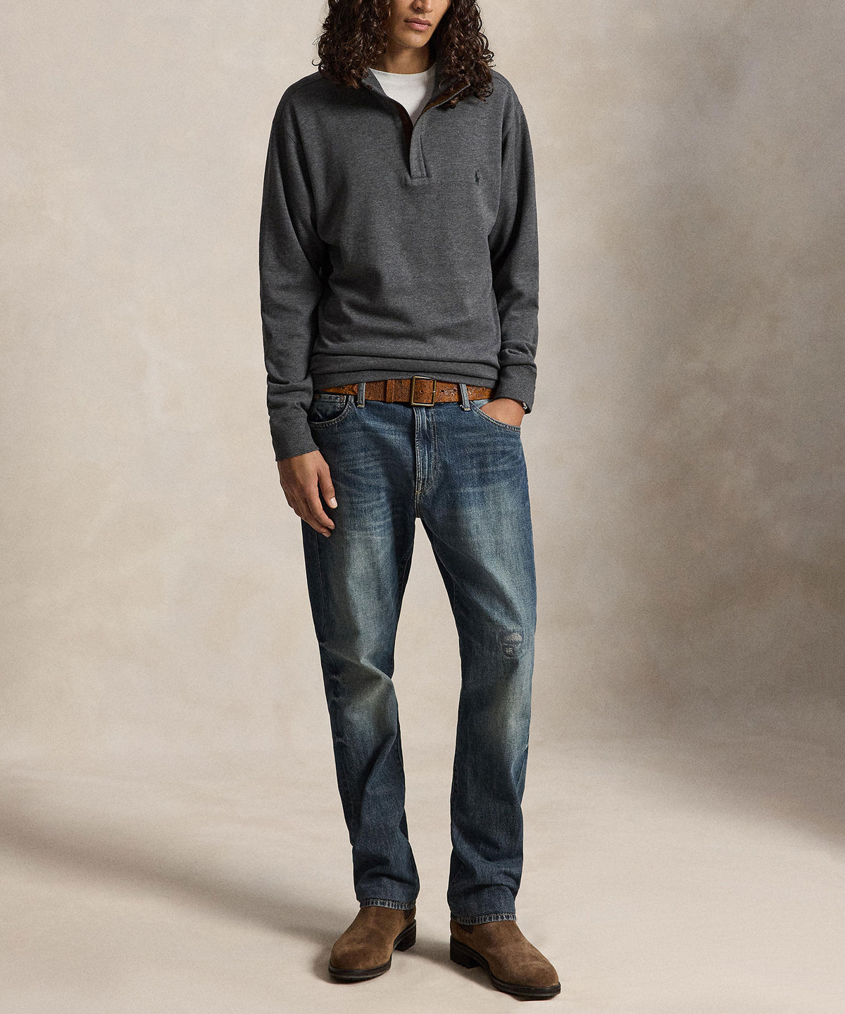 Polo Ralph Lauren Long Sleeve Luxury Half-Zip Pullover - Dark Grey, Men's Big & Tall