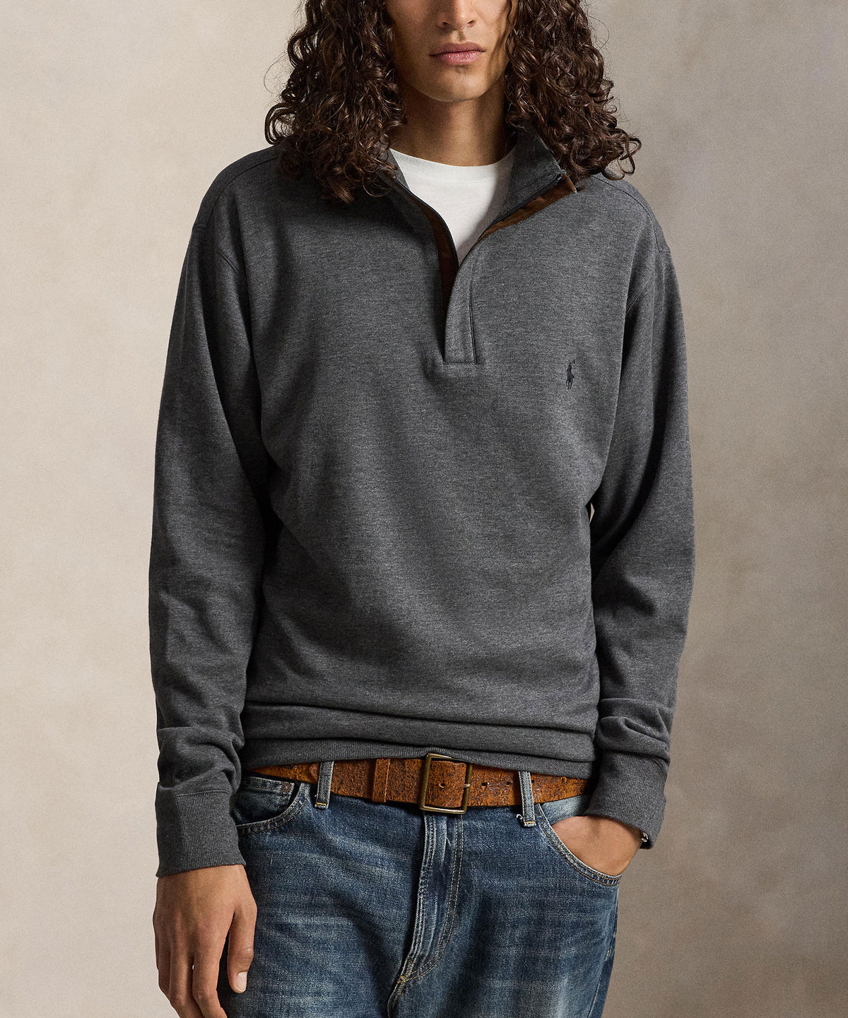 Polo Ralph Lauren Long Sleeve Luxury Half-Zip Pullover - Dark Grey, Men's Big & Tall