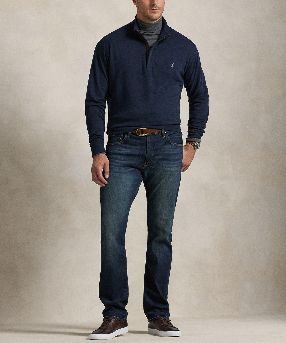 Polo Ralph Lauren Long Sleeve Luxury Half-Zip Pullover - Navy, Men's Big & Tall