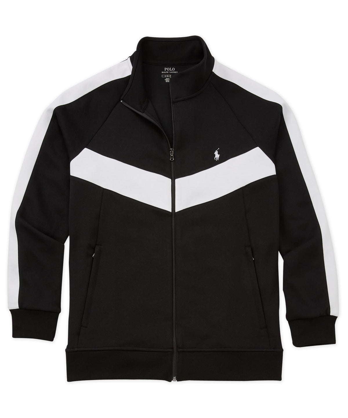 Interlock track jacket, black with white diagonal stripe; full-zip stand collar, side zips., Polo Ralph Lauren Men's Big & Tall