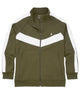 Interlock track jacket, company olive with white diagonal stripe; full-zip stand collar.