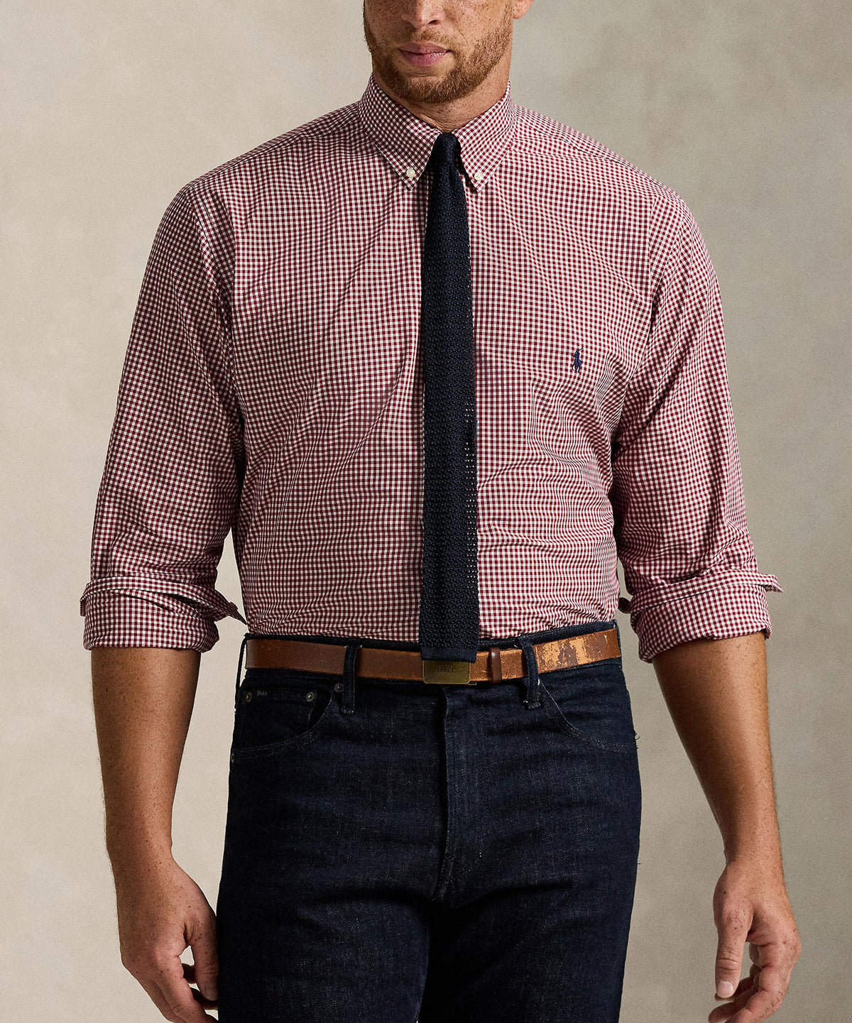 Polo Ralph Lauren Long Sleeve Poplin Shirt - Wine/White, Men's Big & Tall